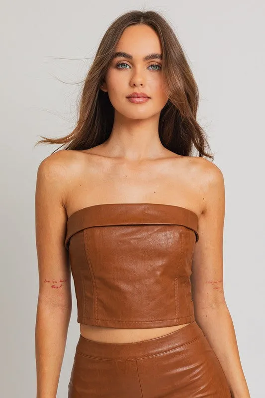 70s Corset Style Fitted Tube Top in Tan Faux Leather | Le Lis