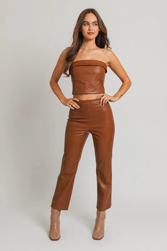 70s Corset Style Fitted Tube Top in Tan Faux Leather | Le Lis