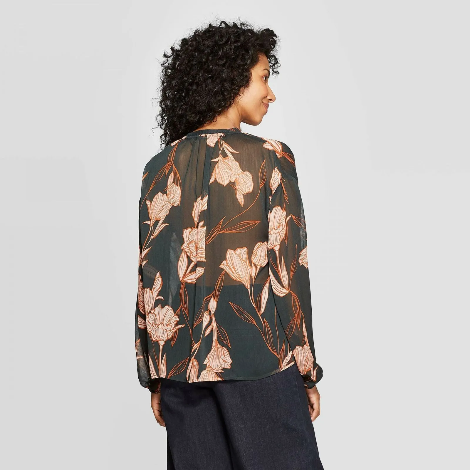 A New Day Women's Floral Sheer Long Sleeve Blouse Top