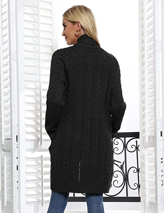 Black Chunky Women Open Front Cardigan Sweaters Pockets Long Sleeve Shrugs - GRACE KARIN