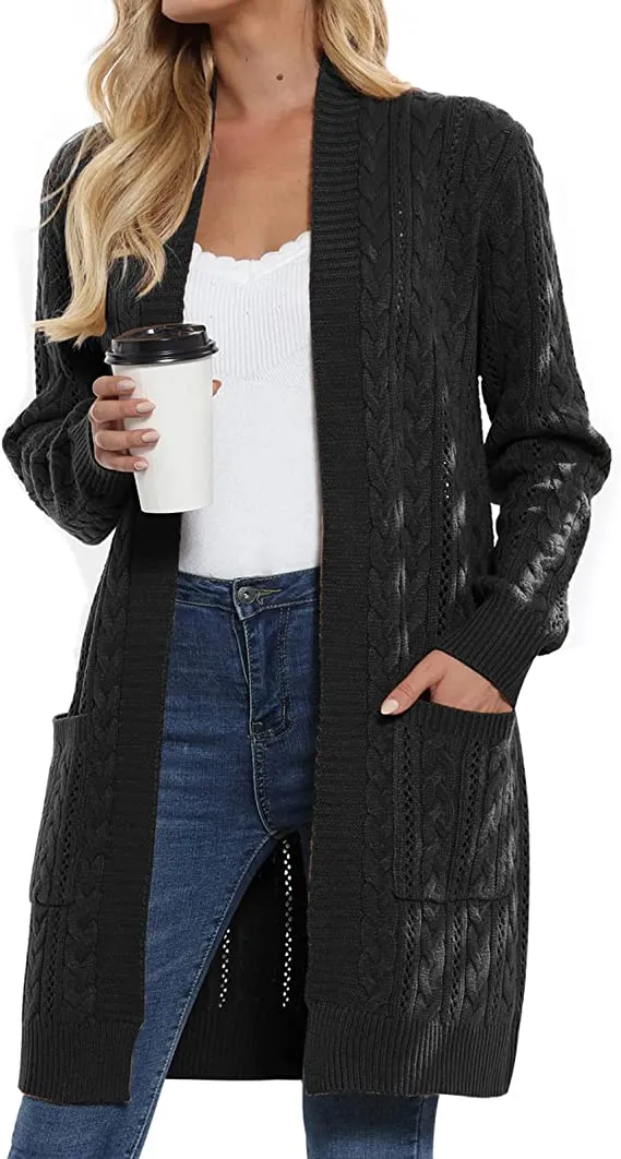 Black Chunky Women Open Front Cardigan Sweaters Pockets Long Sleeve Shrugs - GRACE KARIN