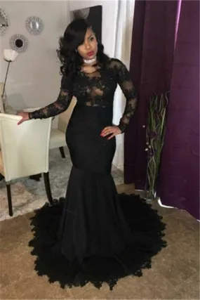 Chic black lace prom dress, Long Sleeves mermaid party dress