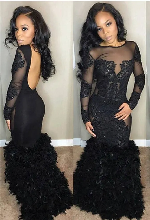 Chic Black Mermaid Prom Party Gowns| Long Sleeves Lace Evening Gowns