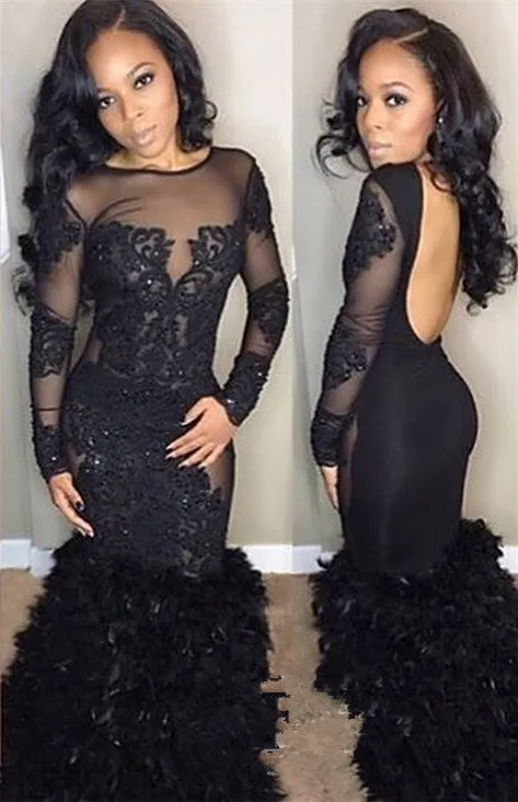 Chic Black Mermaid Prom Party Gowns| Long Sleeves Lace Evening Gowns