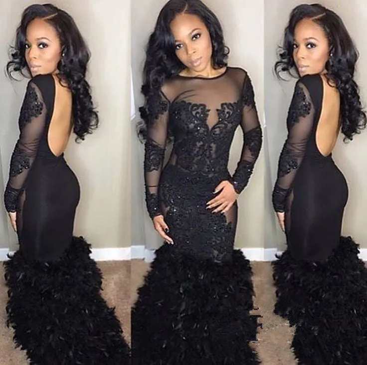 Chic Black Mermaid Prom Party Gowns| Long Sleeves Lace Evening Gowns