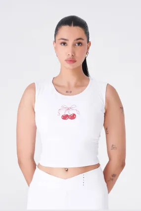 Chic White Crop Top with Cute Cherry Graphic