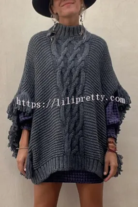 Cozy Paradise Knit Cable Fringed Dolman Sleeve Loose Sweater