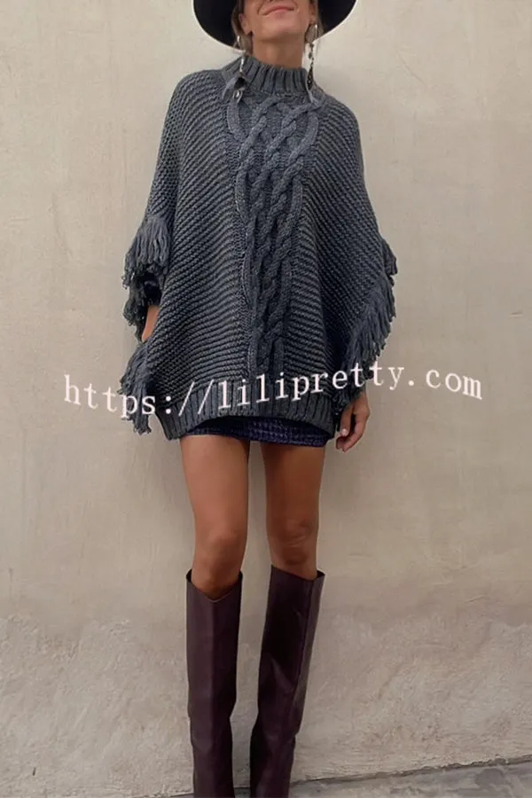 Cozy Paradise Knit Cable Fringed Dolman Sleeve Loose Sweater