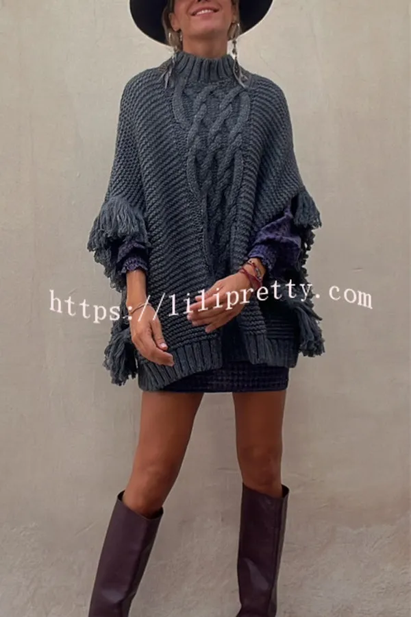 Cozy Paradise Knit Cable Fringed Dolman Sleeve Loose Sweater