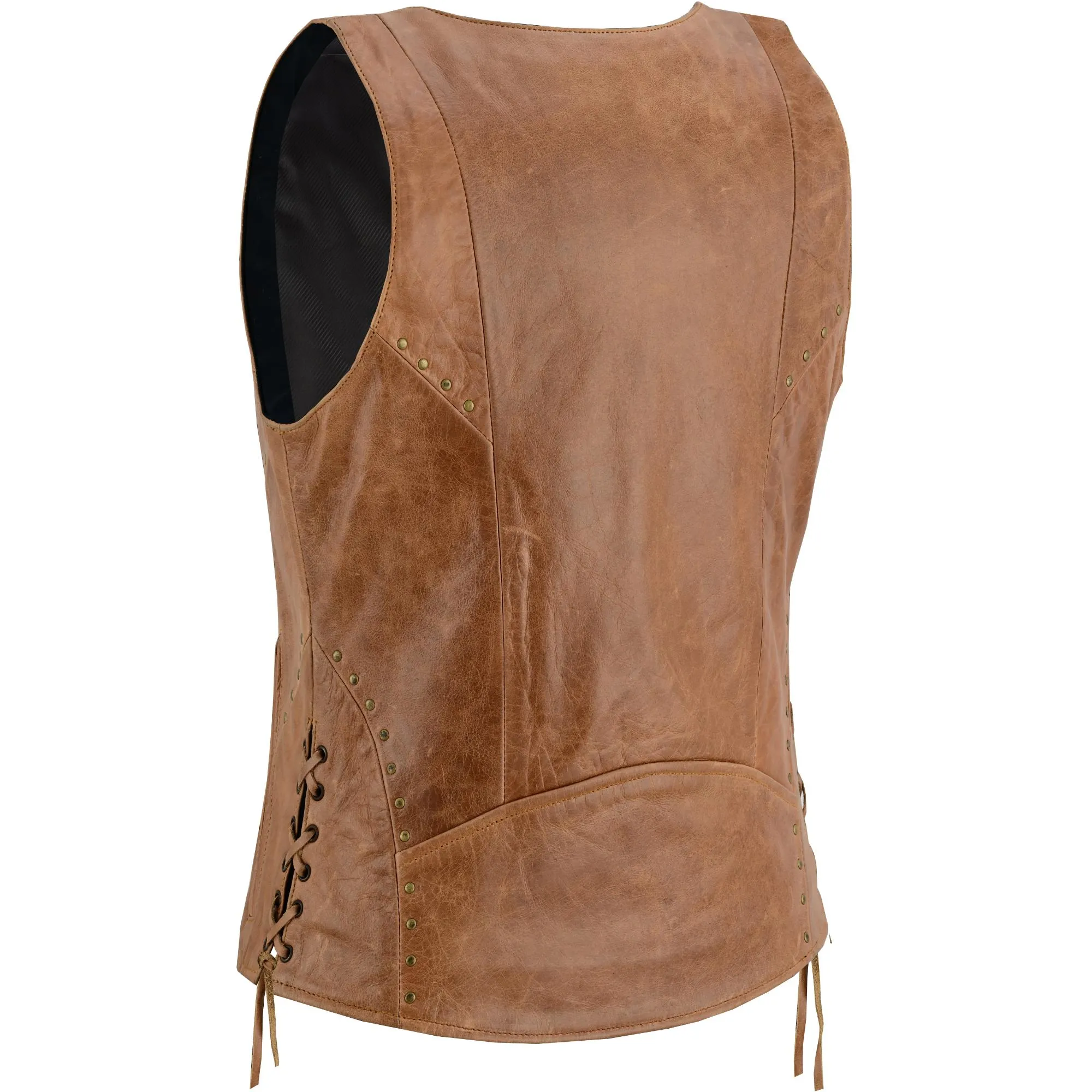 DS236 Women's Brown Zippered Vest with Lacing Details