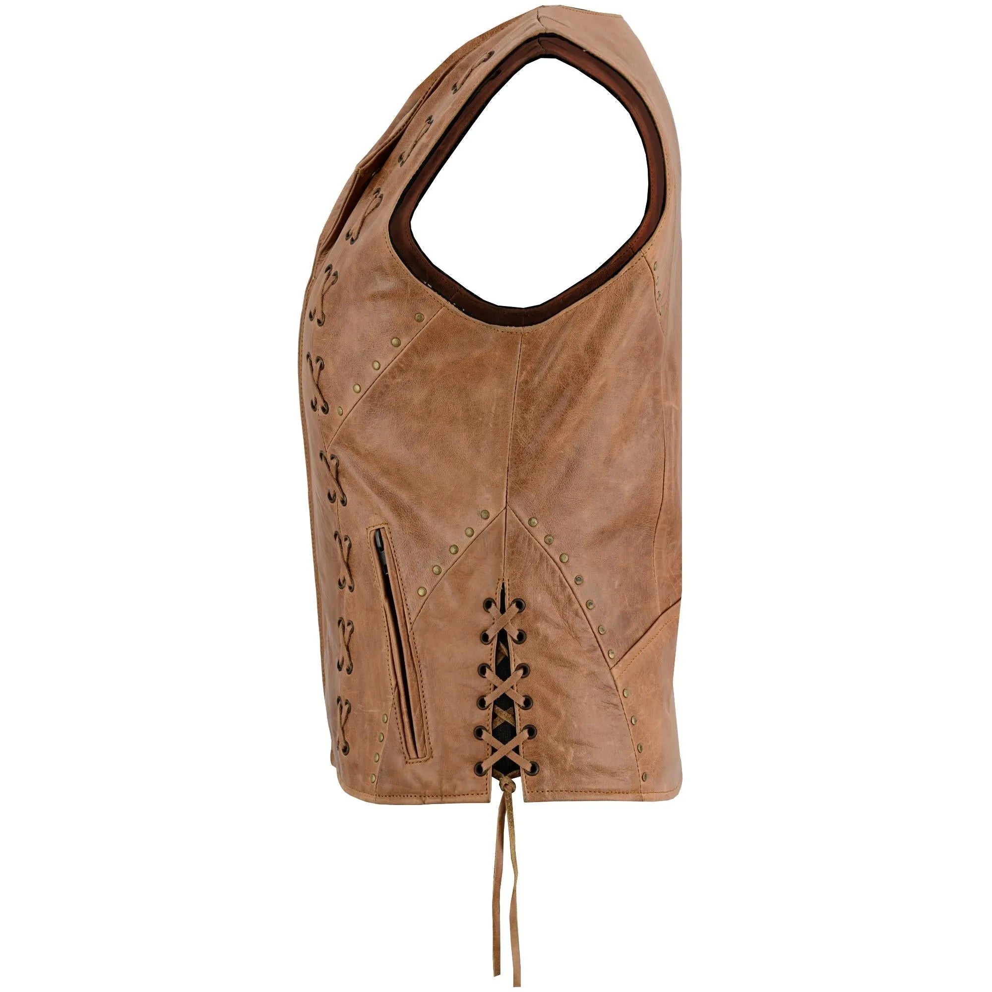 DS236 Women's Brown Zippered Vest with Lacing Details