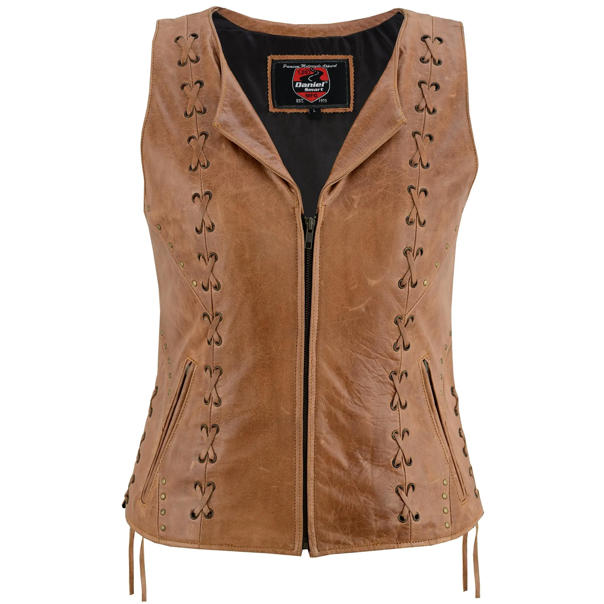 DS236 Women's Brown Zippered Vest with Lacing Details