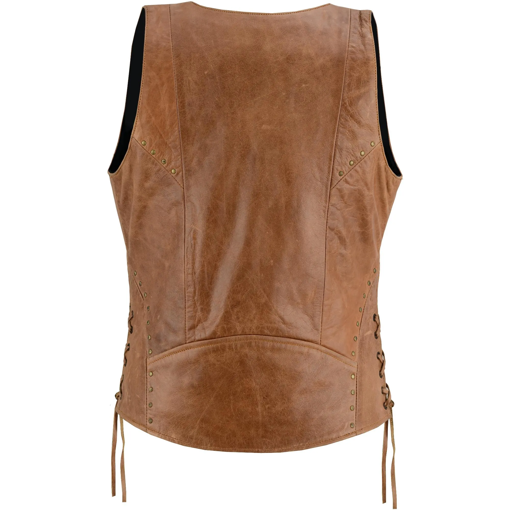 DS236 Women's Brown Zippered Vest with Lacing Details