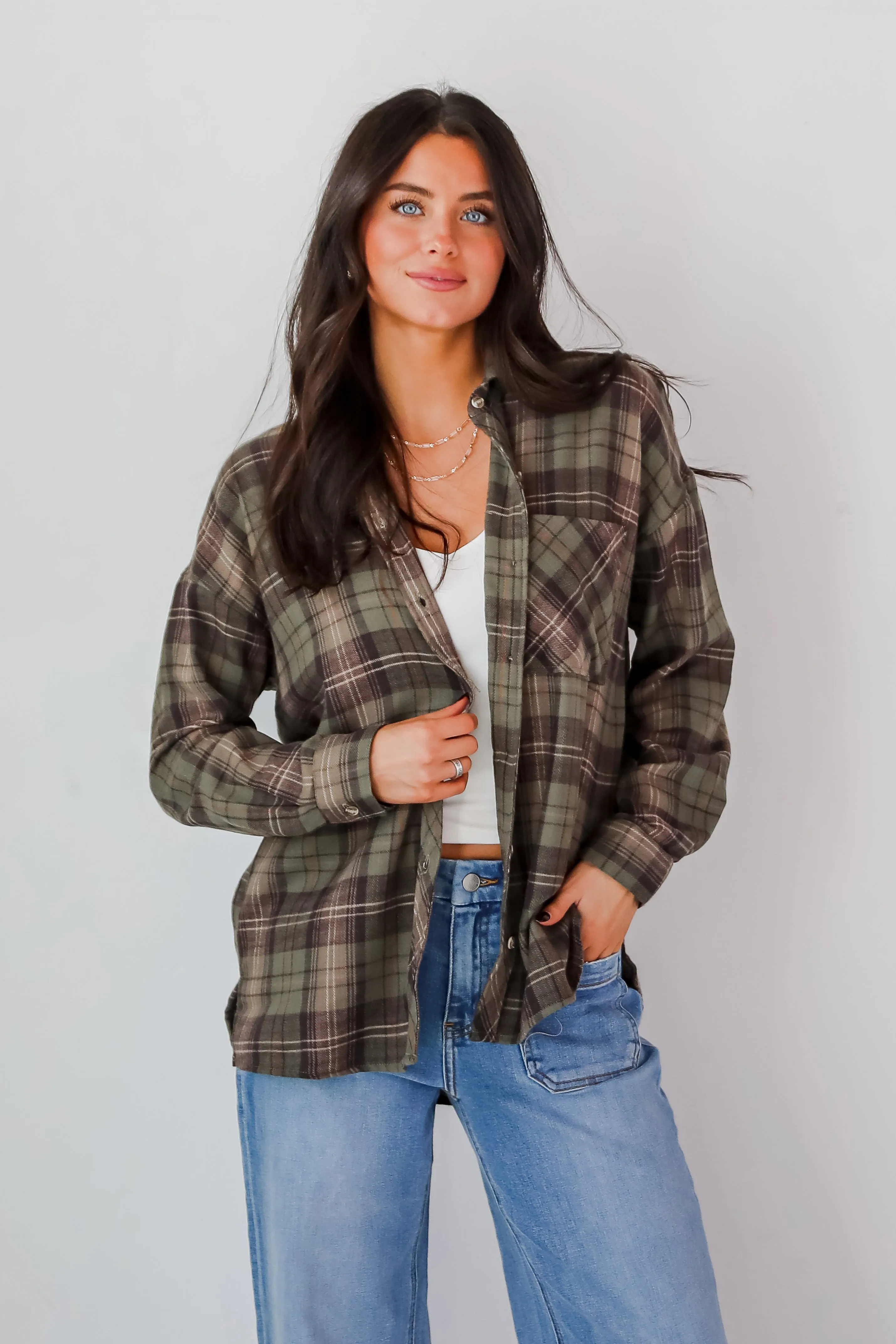 FINAL SALE - Significantly Chic Light Olive Plaid Flannel