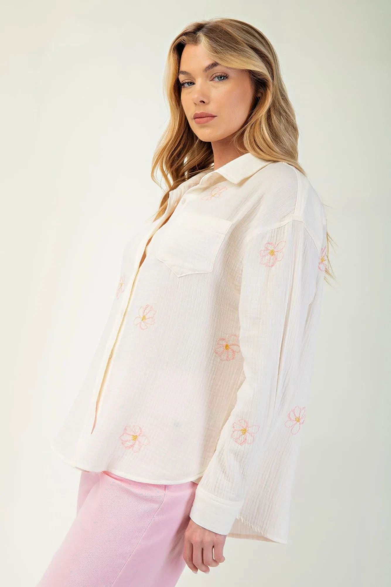 Hot Girl Flower Embroidered Cotton Gauze Button Down Long Sleeve Shirt In Cream