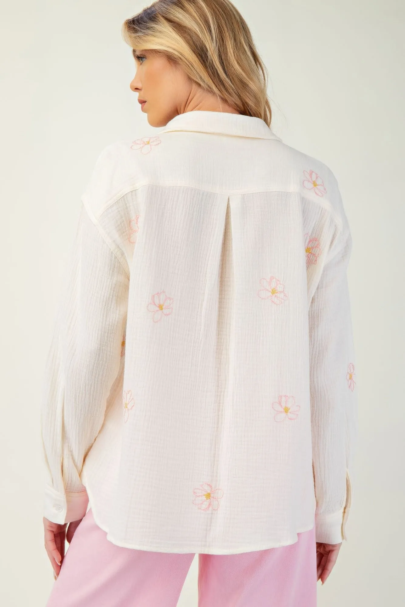 Hot Girl Flower Embroidered Cotton Gauze Button Down Long Sleeve Shirt In Cream