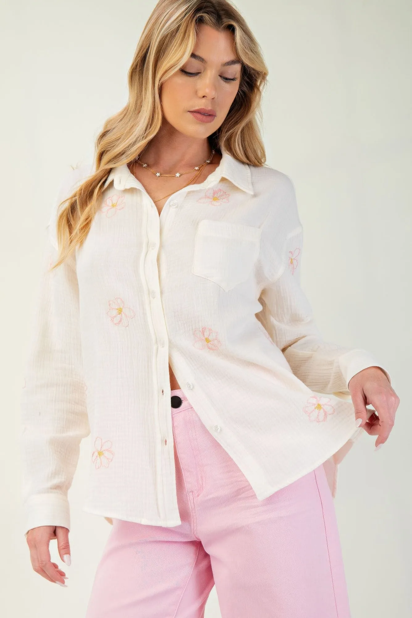 Hot Girl Flower Embroidered Cotton Gauze Button Down Long Sleeve Shirt In Cream