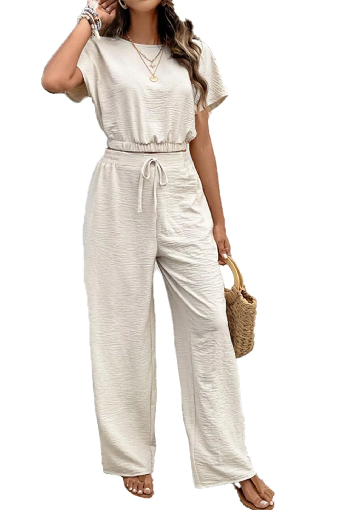 Ivyshape | Batwing Sleeve Drawstring Straight Long Pants Set