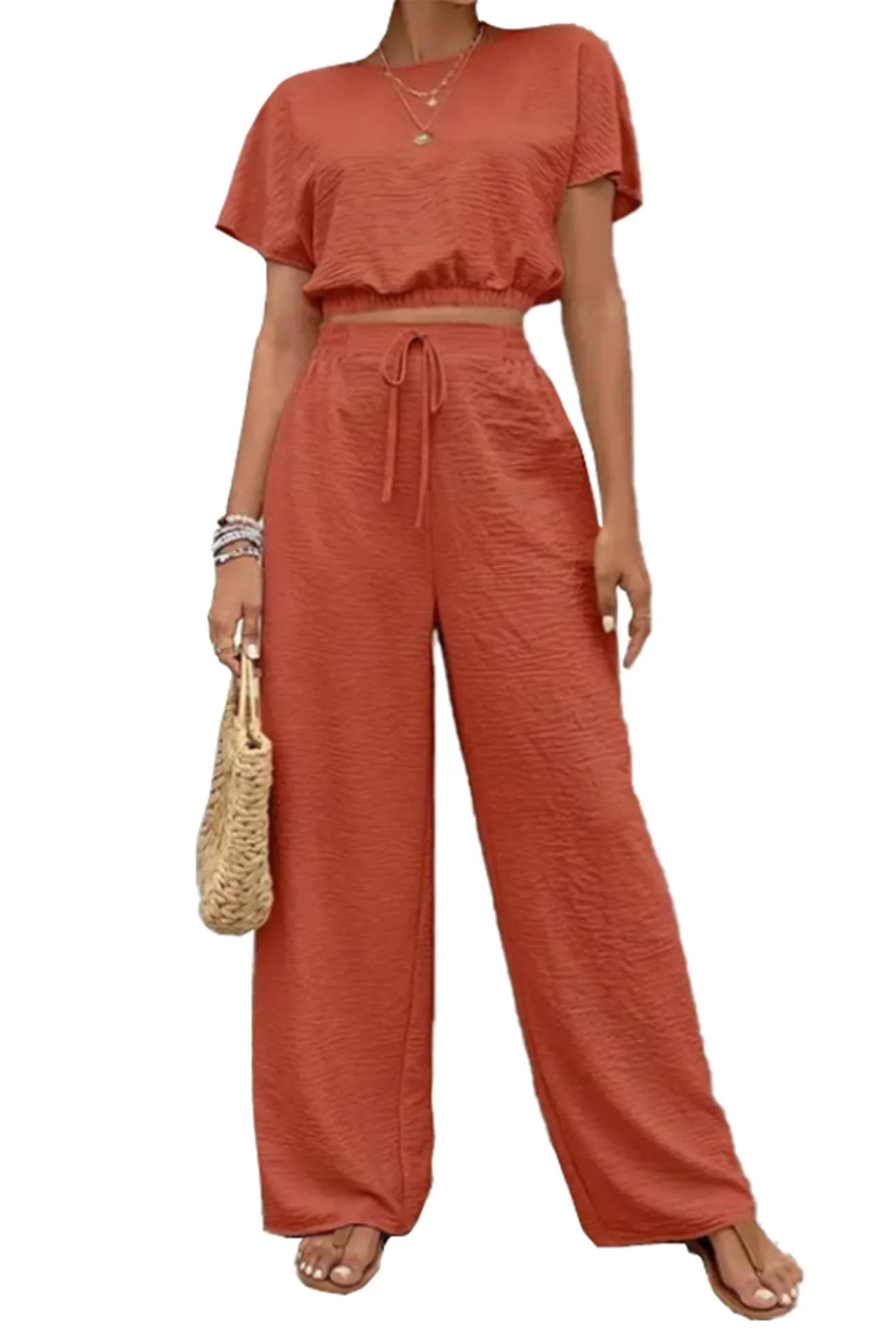 Ivyshape | Batwing Sleeve Drawstring Straight Long Pants Set