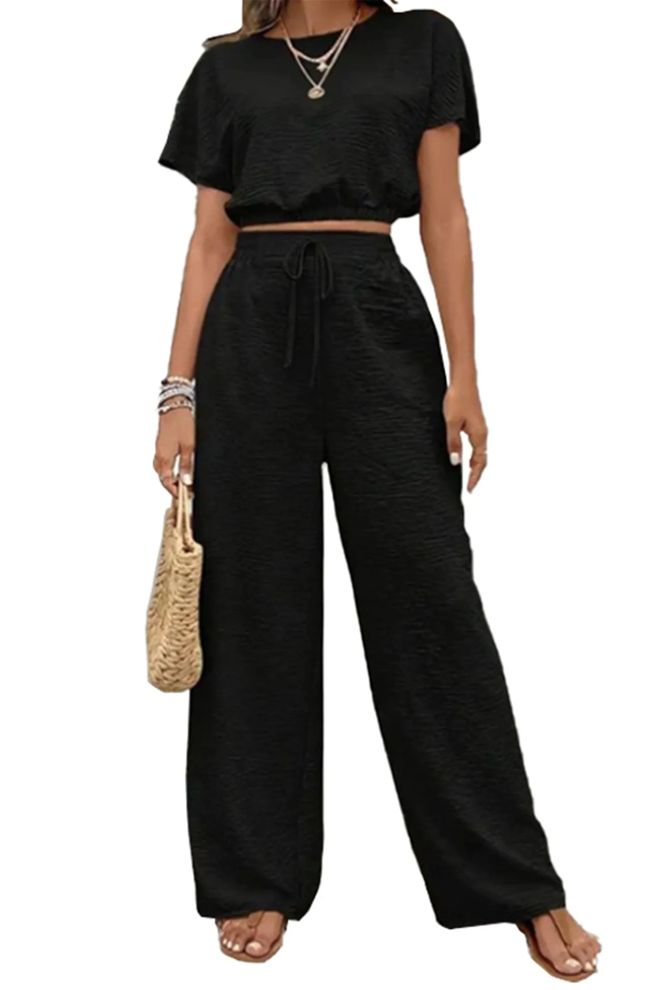 Ivyshape | Batwing Sleeve Drawstring Straight Long Pants Set