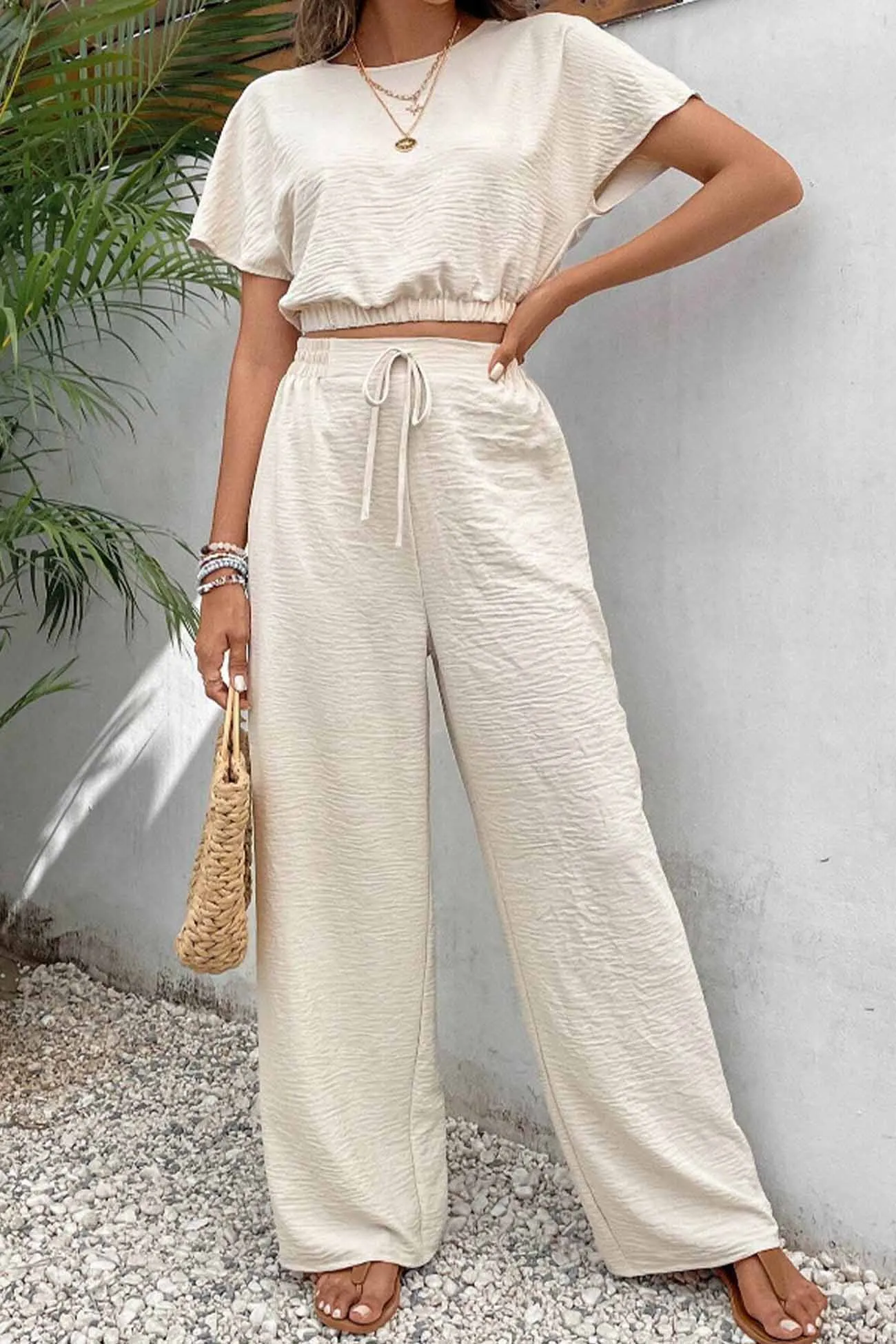 Ivyshape | Batwing Sleeve Drawstring Straight Long Pants Set