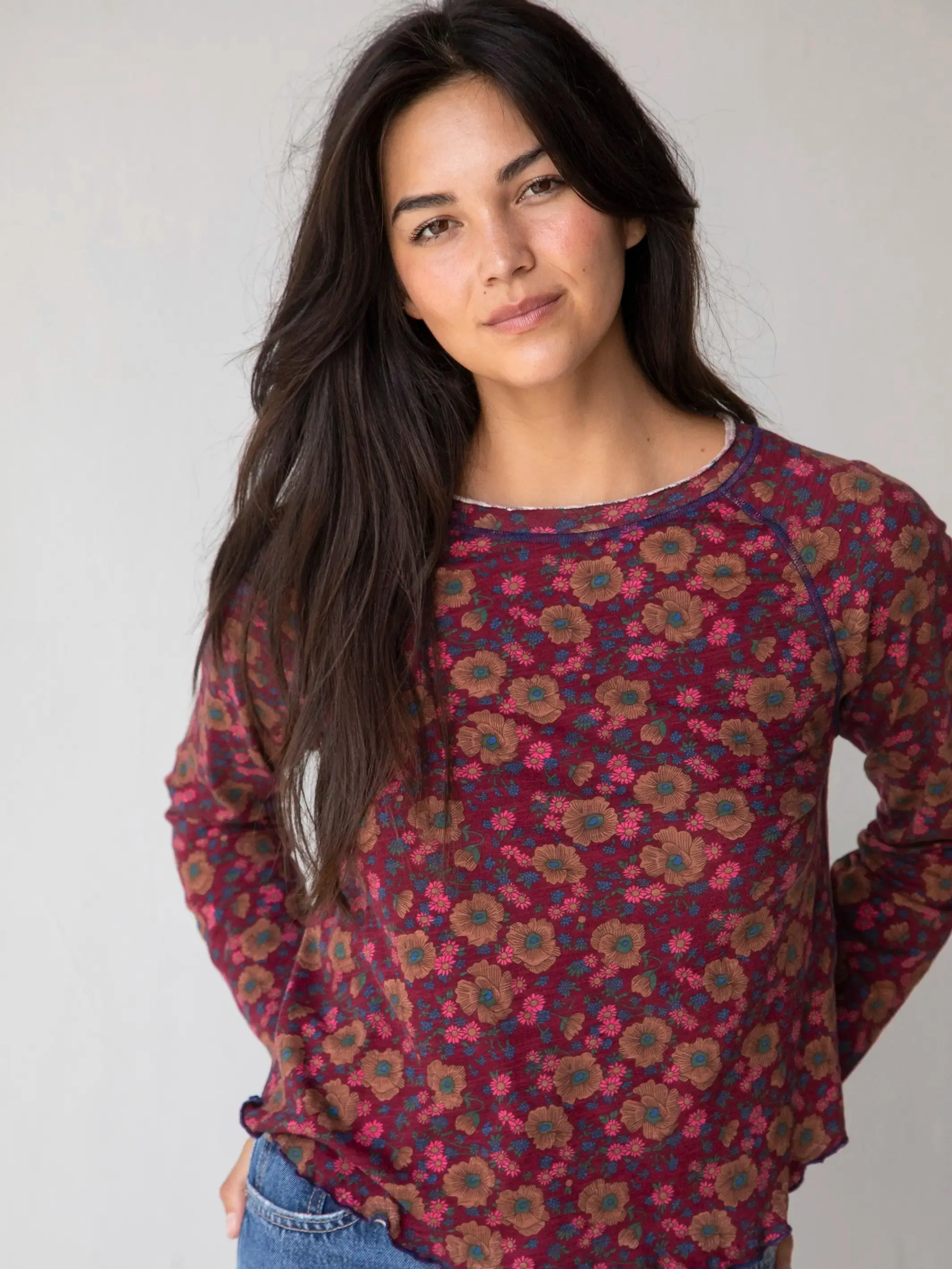 Lily Cotton Long Sleeve Tee Shirt - Cranberry Brown Floral