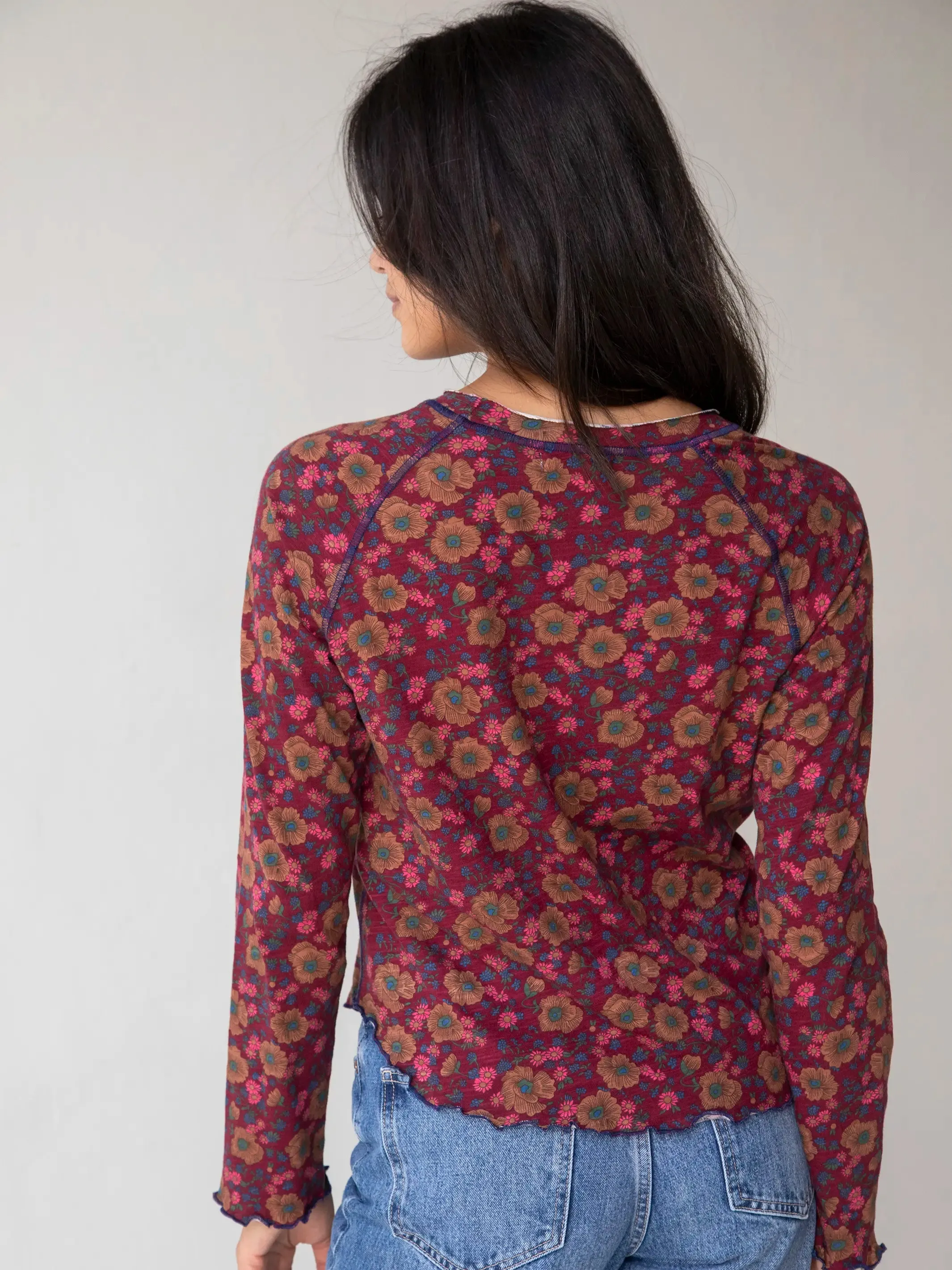 Lily Cotton Long Sleeve Tee Shirt - Cranberry Brown Floral