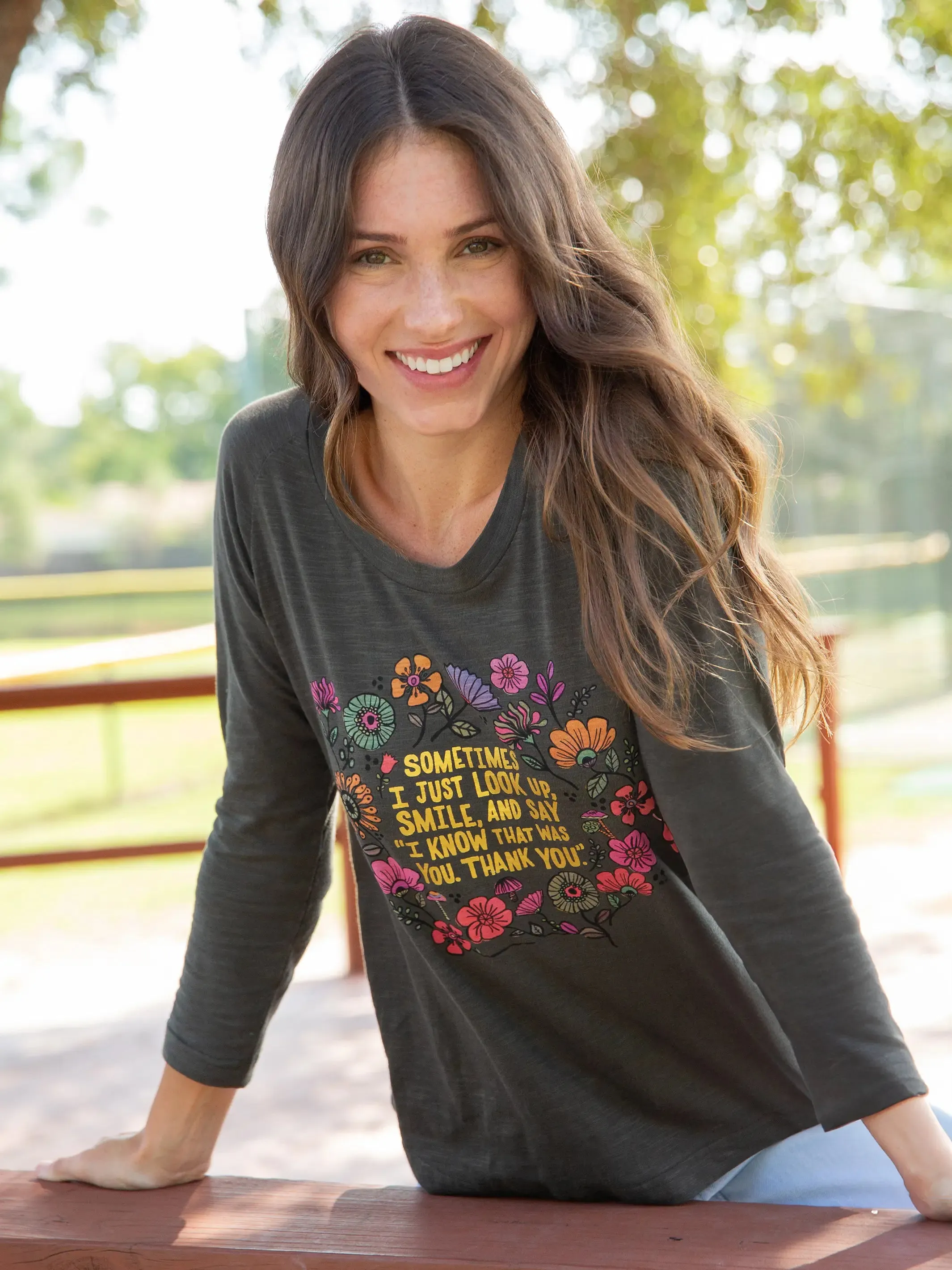 Long Sleeve Boho Cotton Tee Shirt - Look Up and Smile