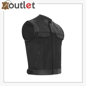 Mens Biker Real Leather Trim Waistcoat Vest