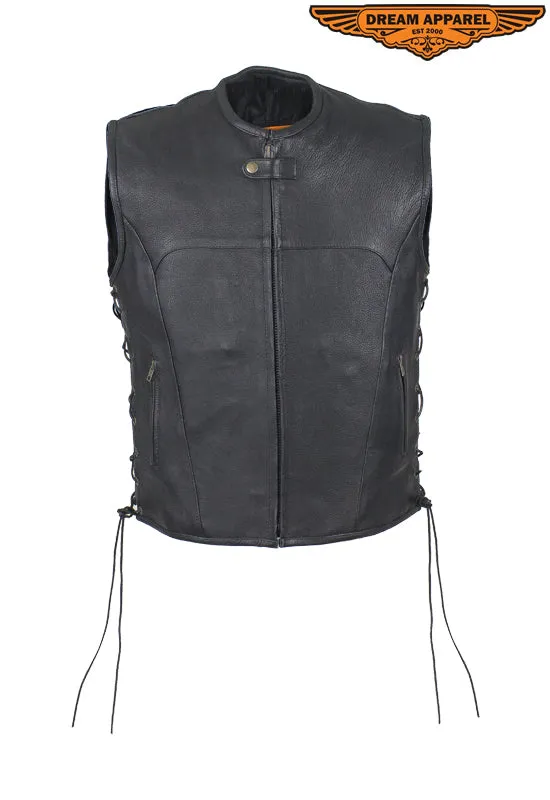 Mens Leather Motorcycle Club Vest With No Collar