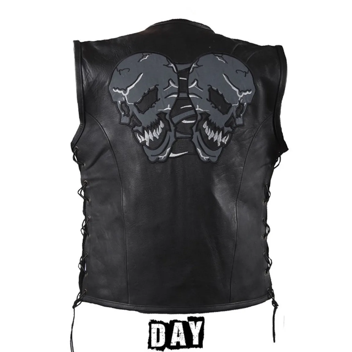 Mens Soft Leather Motorcycle Vest With Reflective Skulls