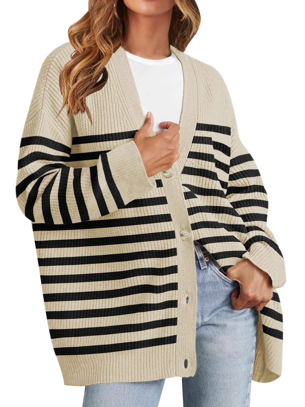 MEROKEETY Button V Neck Oversized Striped Cardigan Sweater