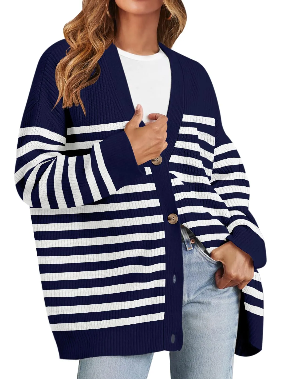 MEROKEETY Button V Neck Oversized Striped Cardigan Sweater