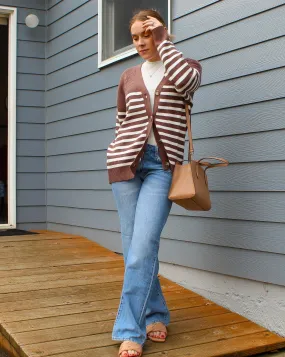 MEROKEETY Button V Neck Oversized Striped Cardigan Sweater