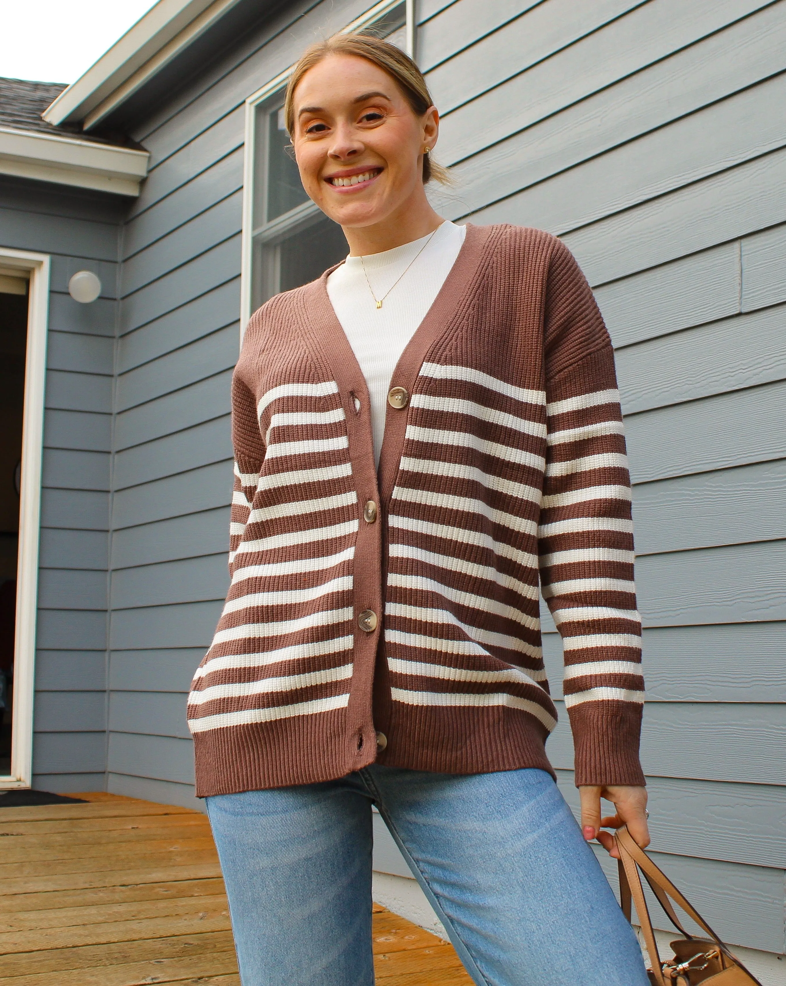 MEROKEETY Button V Neck Oversized Striped Cardigan Sweater