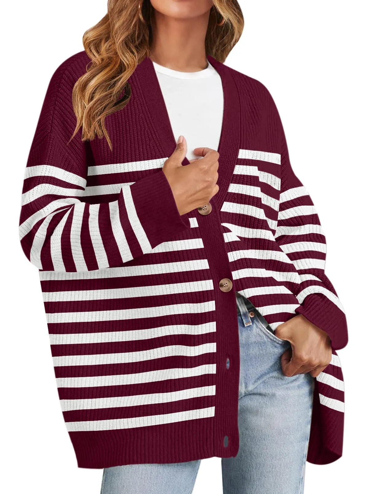 MEROKEETY Button V Neck Oversized Striped Cardigan Sweater