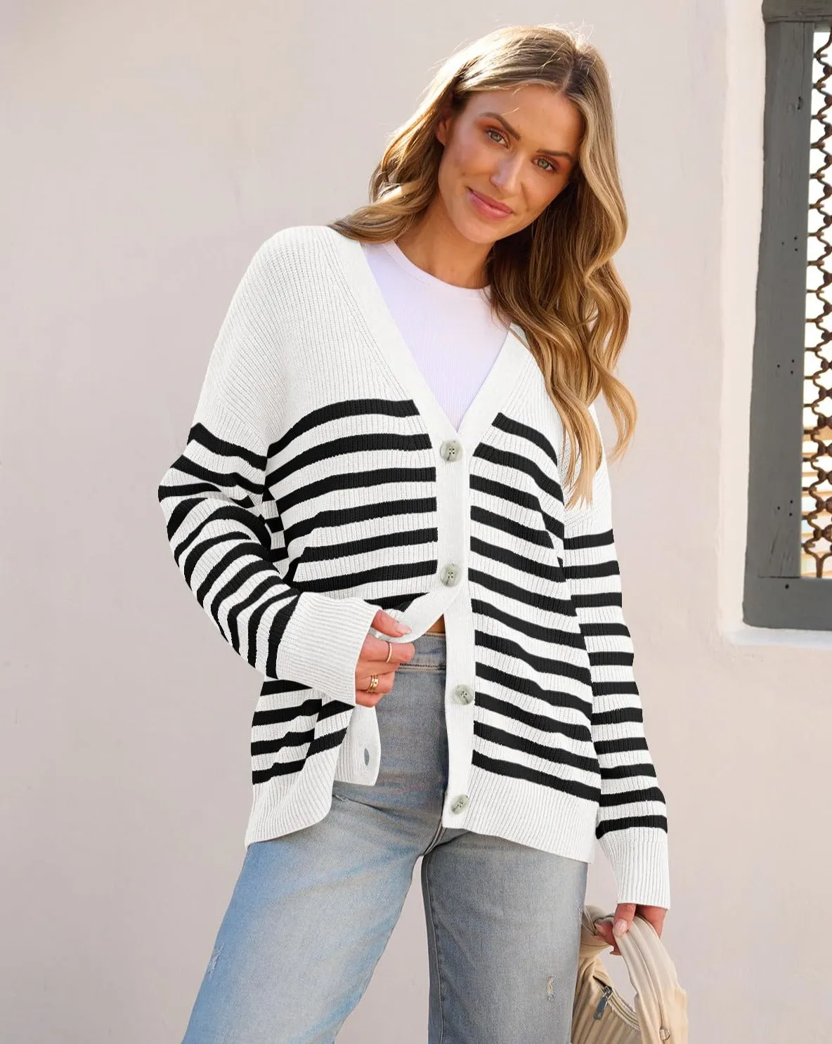 MEROKEETY Button V Neck Oversized Striped Cardigan Sweater