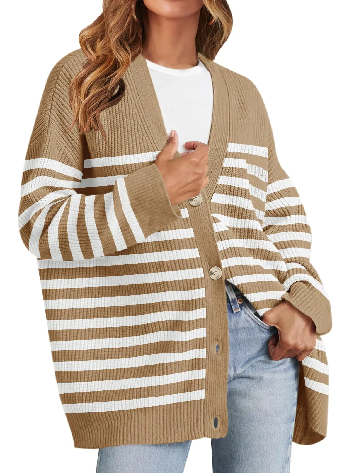 MEROKEETY Button V Neck Oversized Striped Cardigan Sweater