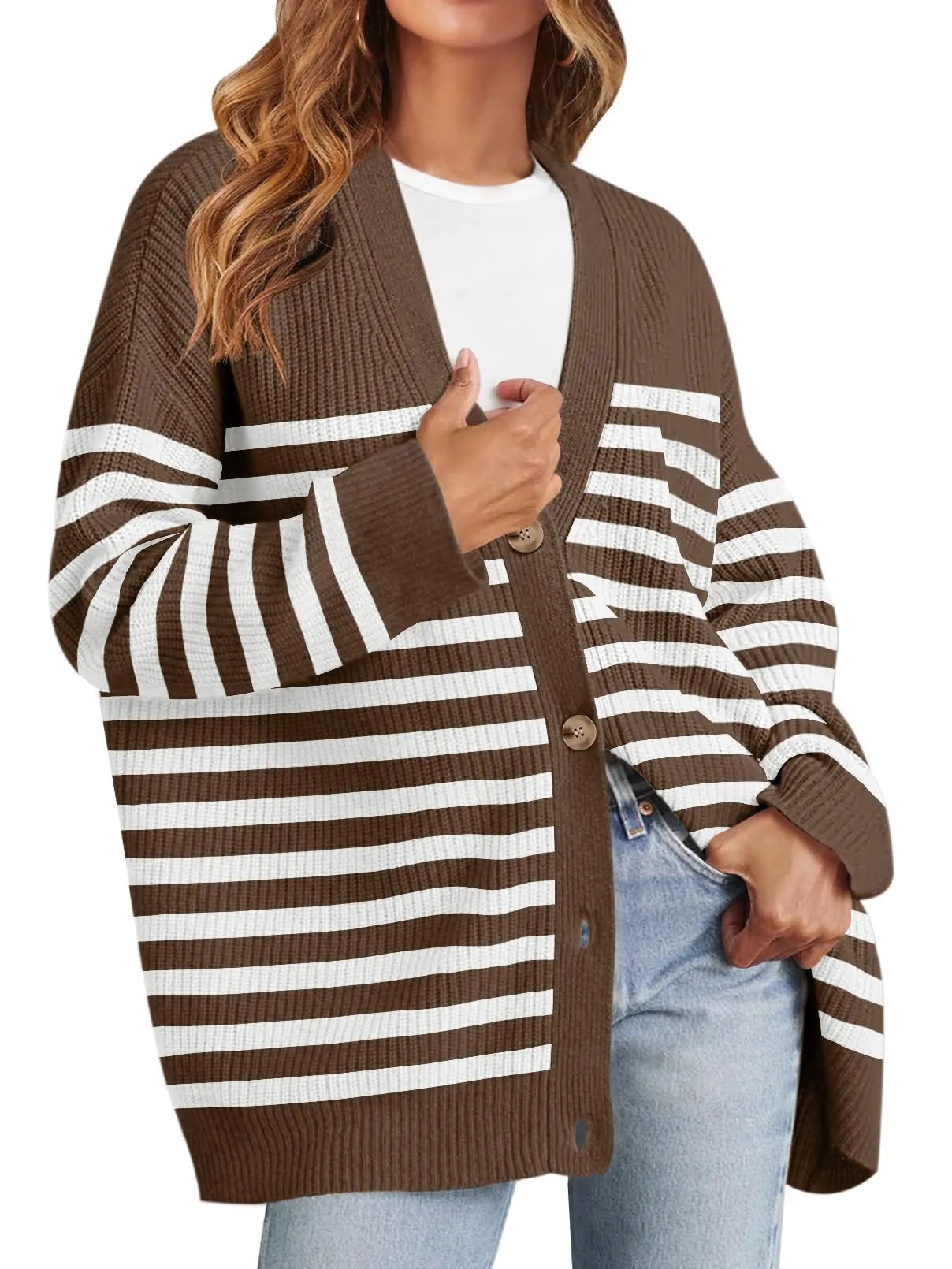 MEROKEETY Button V Neck Oversized Striped Cardigan Sweater