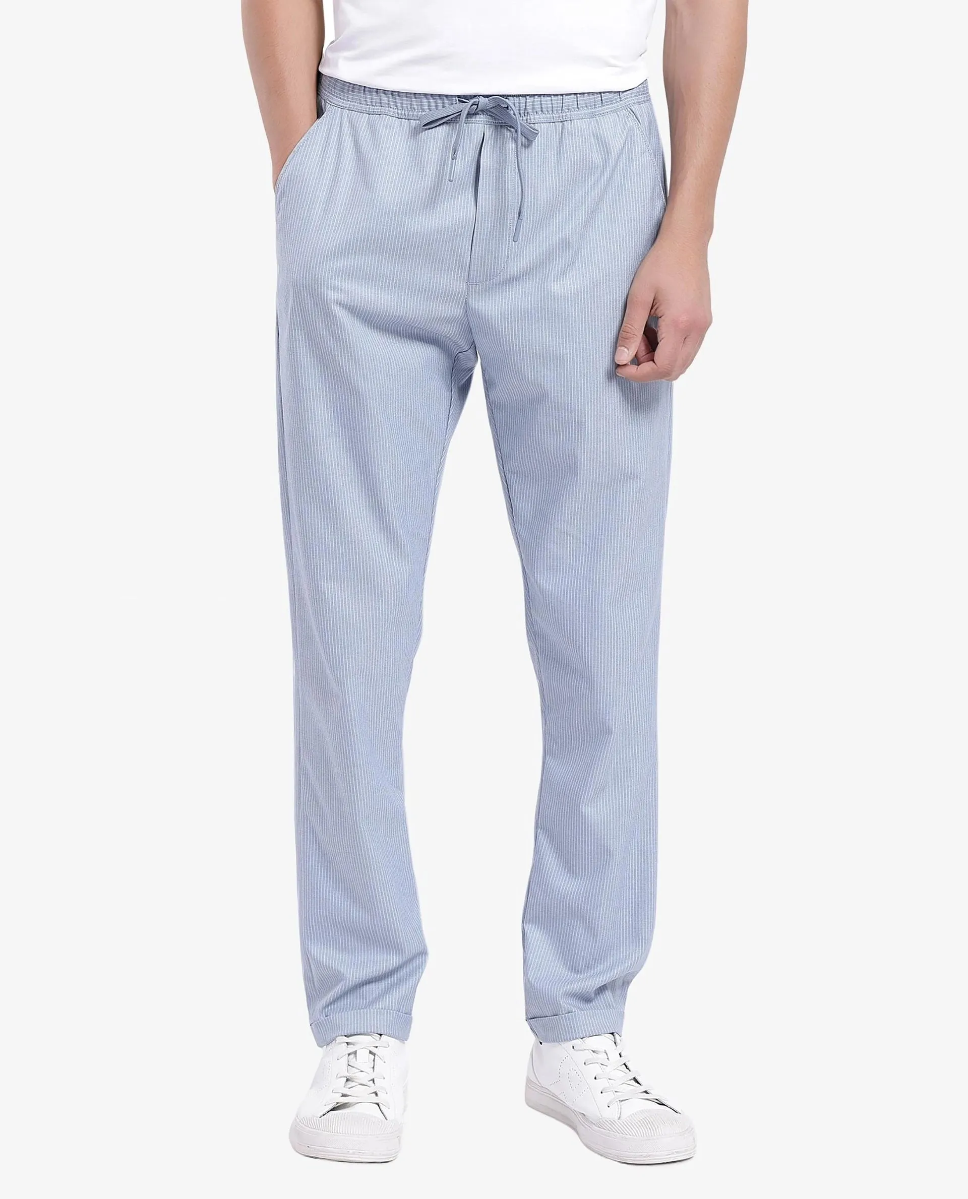 Rare Rabbit Men Glew Pastel Blue Button Closure Regular Fit Plain Trouser