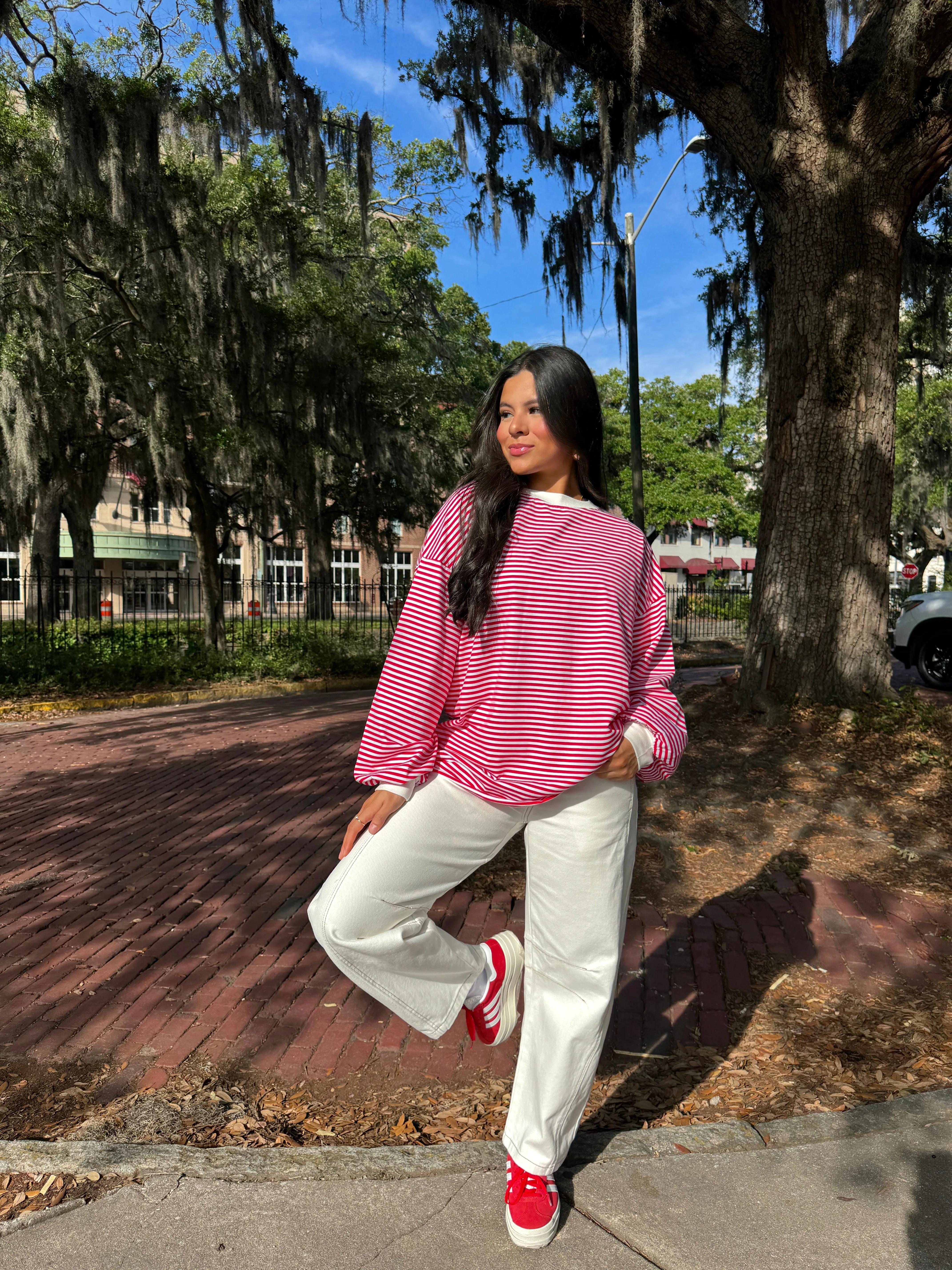 Red and White Striped Long Sleeve Tee