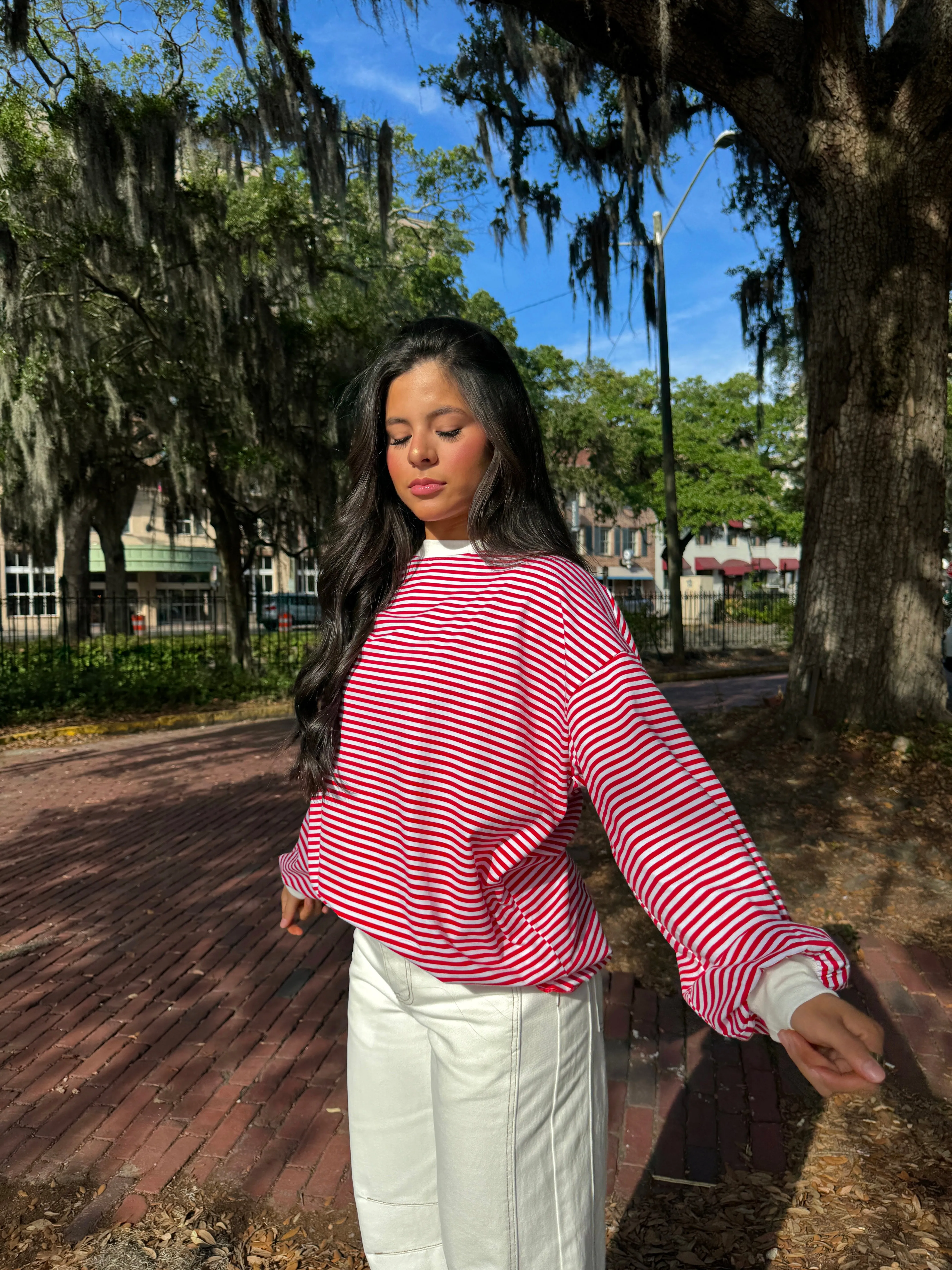 Red and White Striped Long Sleeve Tee