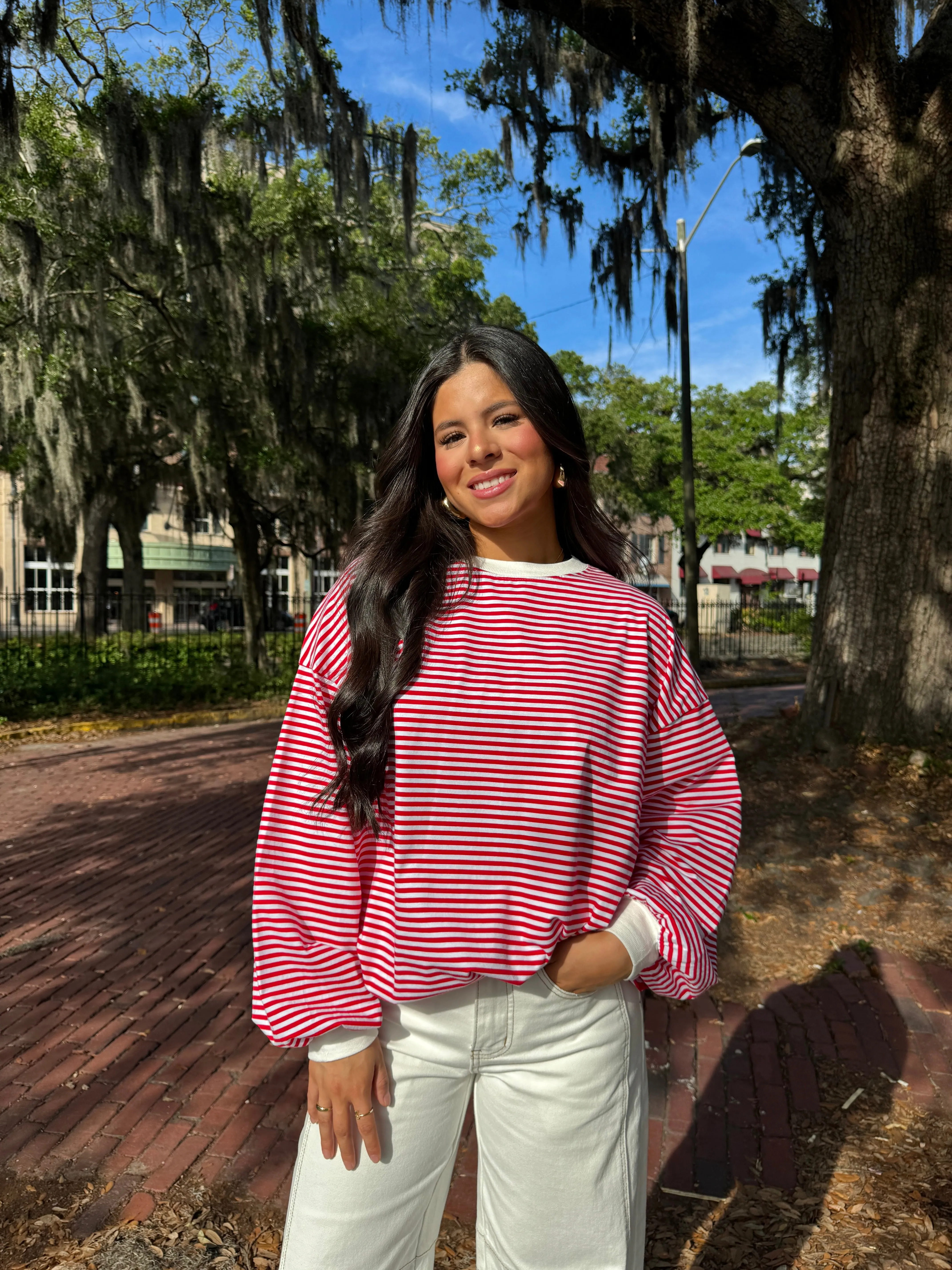 Red and White Striped Long Sleeve Tee