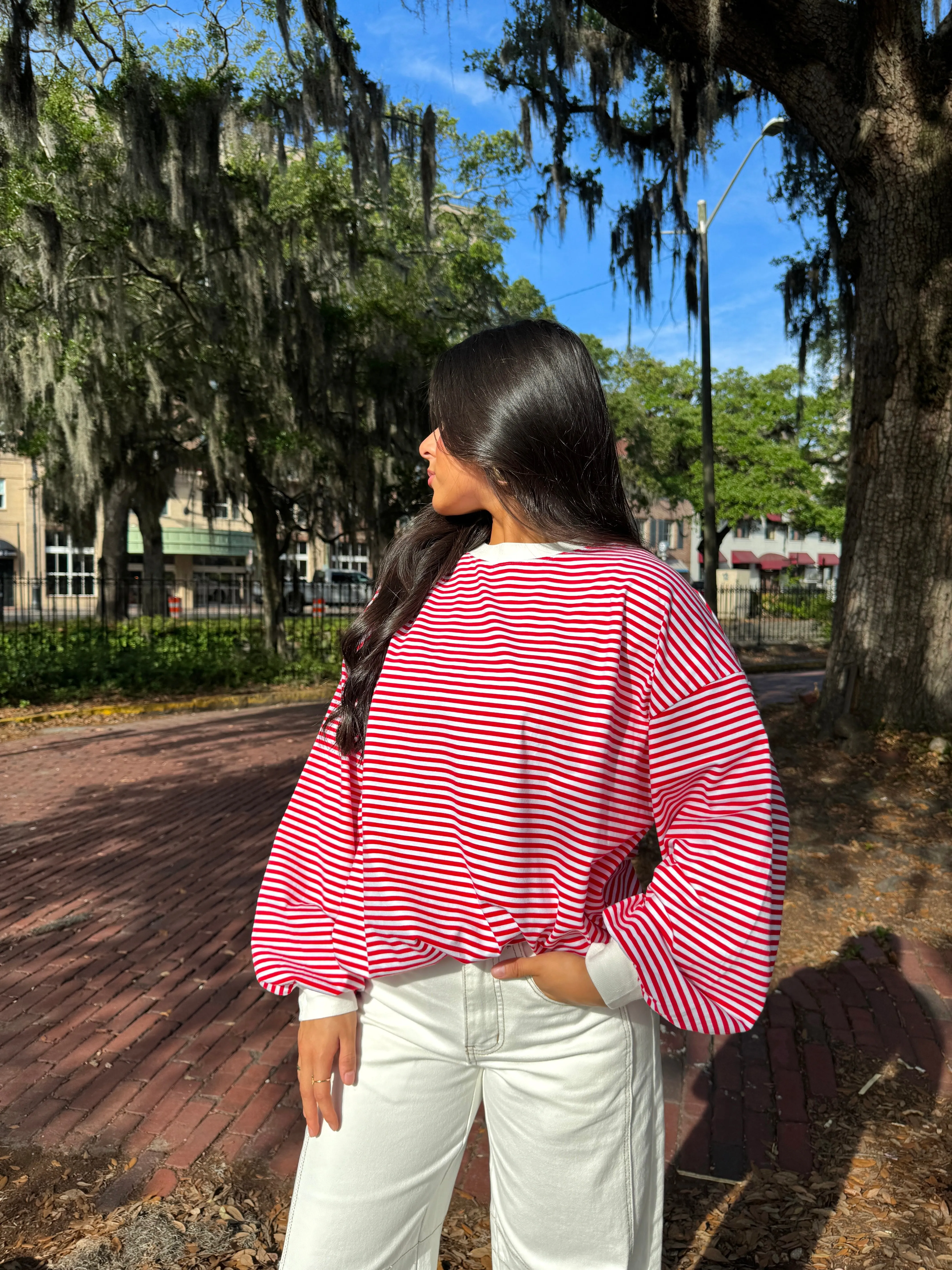 Red and White Striped Long Sleeve Tee