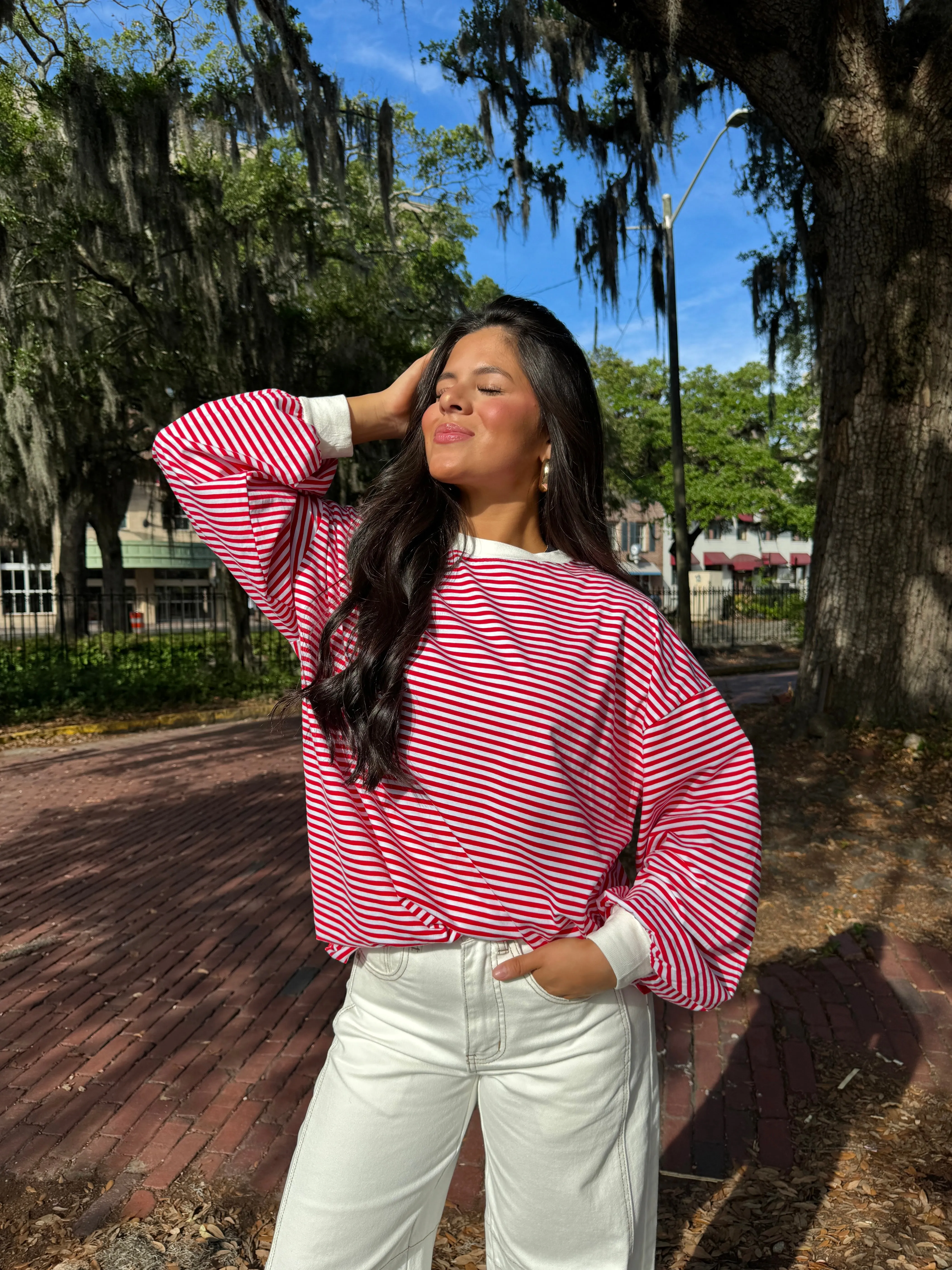 Red and White Striped Long Sleeve Tee