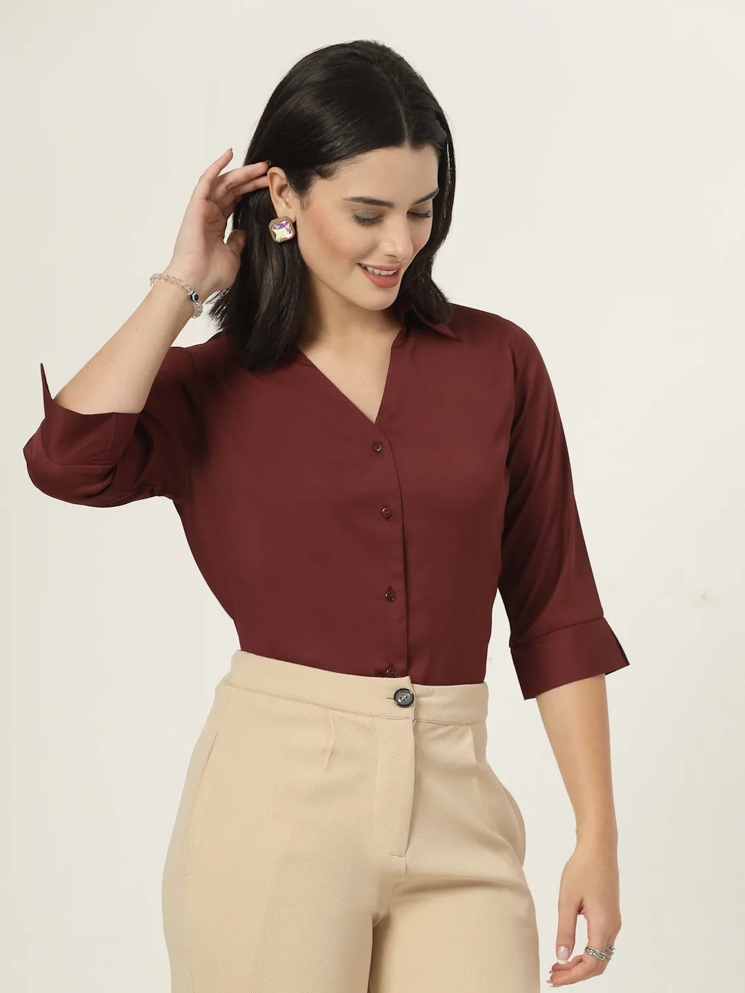 Style Quotient Women Solid Maroon Polymoss Formal Shirt