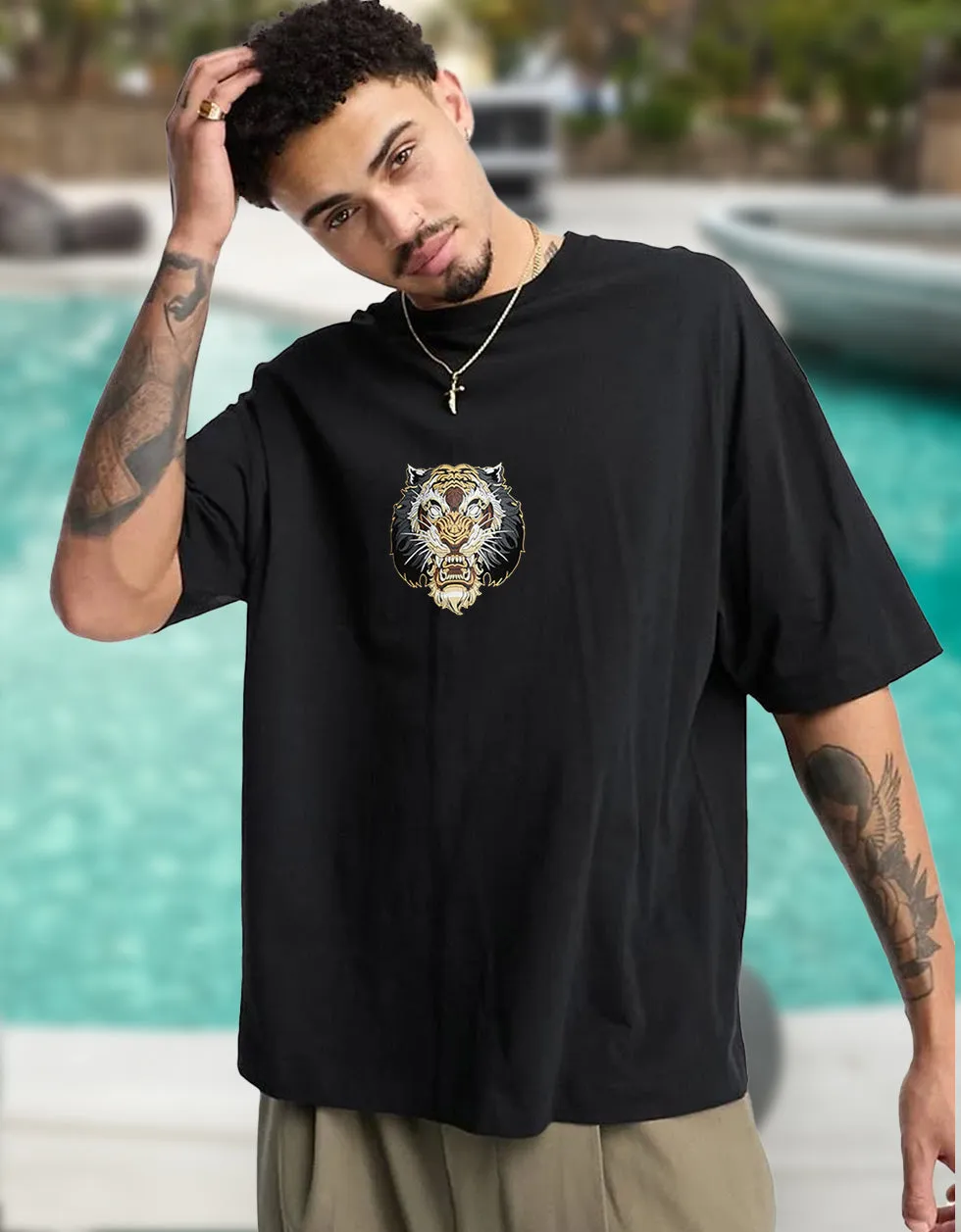 Tiger Black Oversized Back Graphic Printed Tshirt