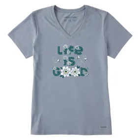 Women's Life is Good Daisy Bees Short-Sleeve Crusher-LITE Vee - Stone Blue