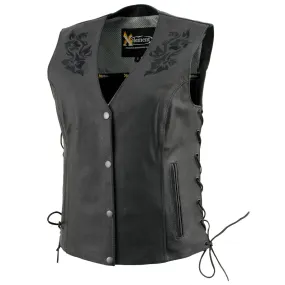 Xelement XS24004 Women's ‘Gemma’ Black Motorcycle Rider Leather Vest with Side Laces